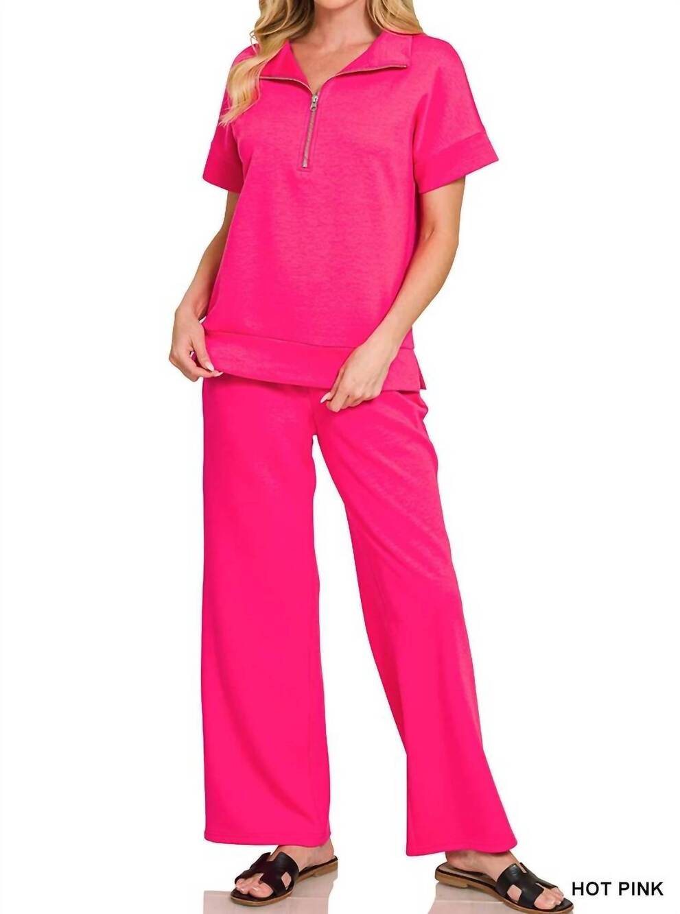 NEW ZENANA scuba wide leg pants in hot pink